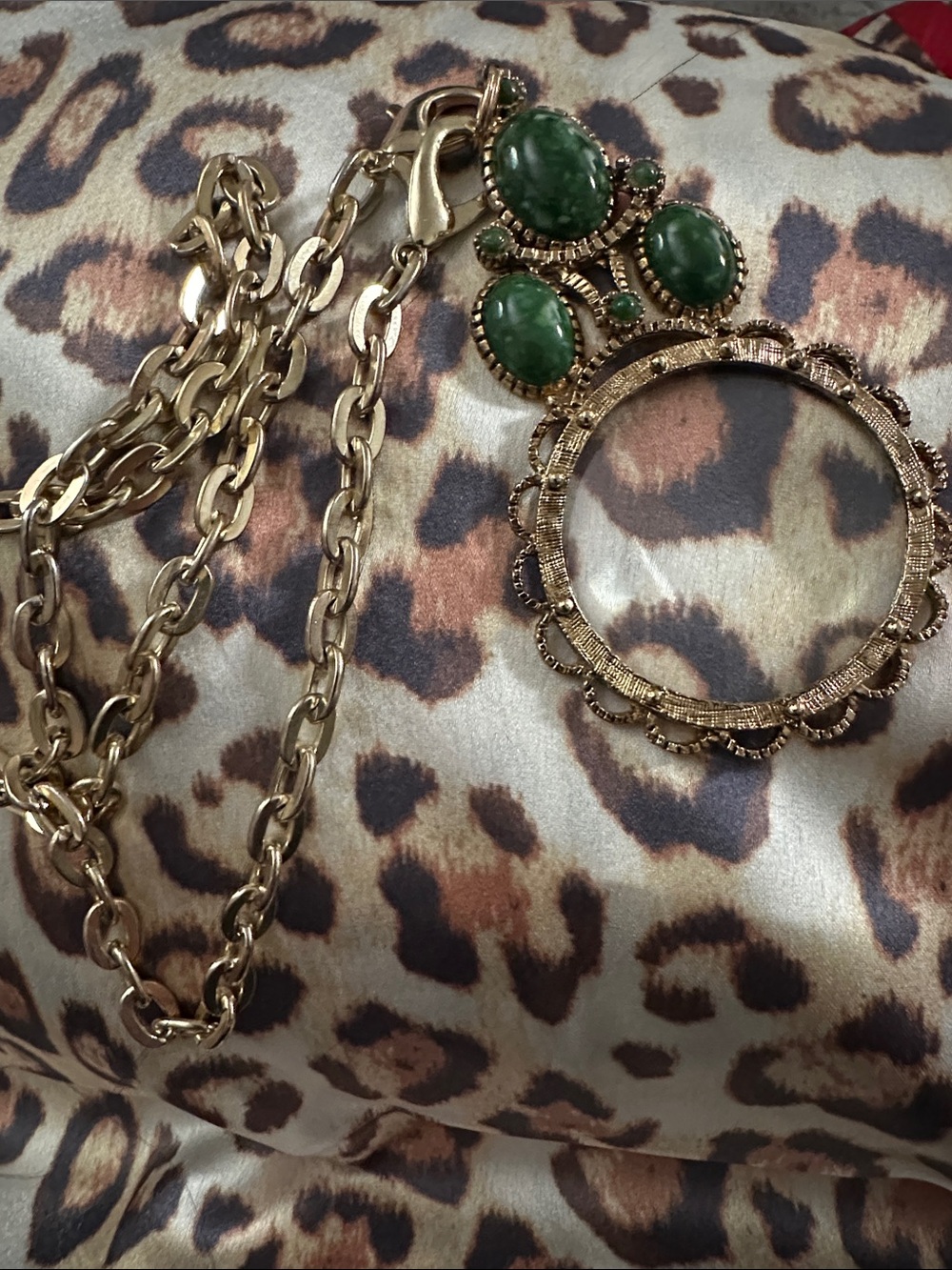 Gold-Tone Necklace Pendant with Green Stone Accents